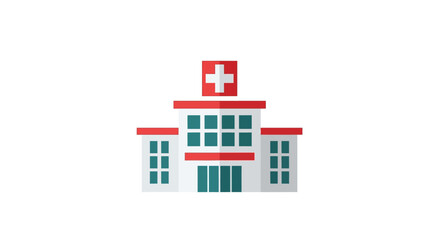 Fototapeta premium Modern hospital building facade with a red cross symbol, representing healthcare and medical services for public assistance