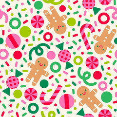 Colorful geometric confetti, candy and gingerbread seamless pattern design for christmas and new year celebration background.