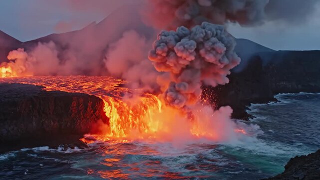 Active Volcano Eruption With Lava Flowing Into Ocean Under Dramatic Dusk Sky