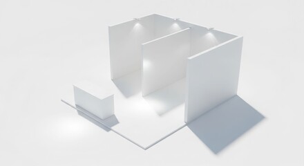 Obraz premium A minimalist white exhibition booth or display stand with spotlights and a counter, viewed from above.
