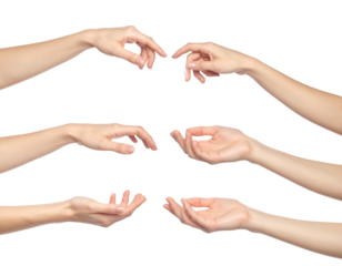 Six arms and hands, gesturing in various ways, on a black background