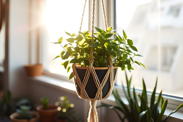 Green plant in macrame hanging planter by sunlit window