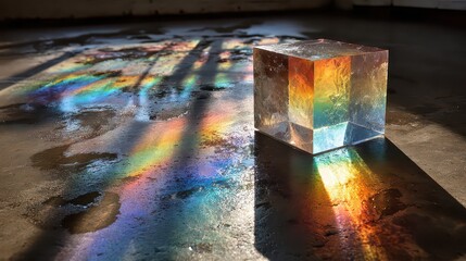 Abstract Clear Cube on Reflective Concrete Floor with Rainbow Light Refractions and Shadows in Studio Lighting