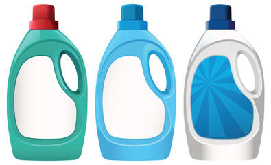 Three Plastic Laundry Detergent Bottles with Colorful Caps