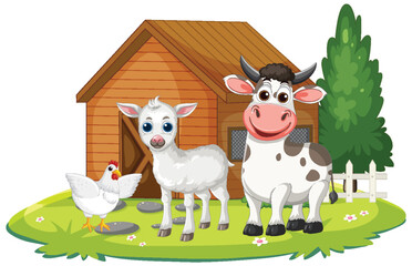 Farm Animals Standing in Front of Wooden Barn