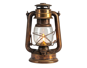 Antique lantern glows brightly, showcasing intricate brass details