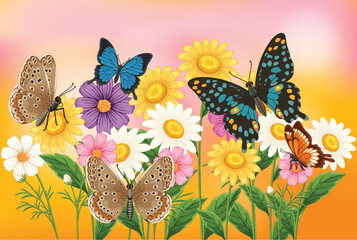Colorful Butterflies Among Vibrant Spring Flowers