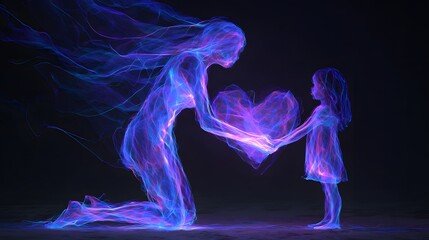 Fototapeta premium Illuminated figures composed of golden particles depict the sharing of a glowing heart