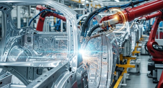 Automotive assembly line with robotic arms welding car frames in a factory.