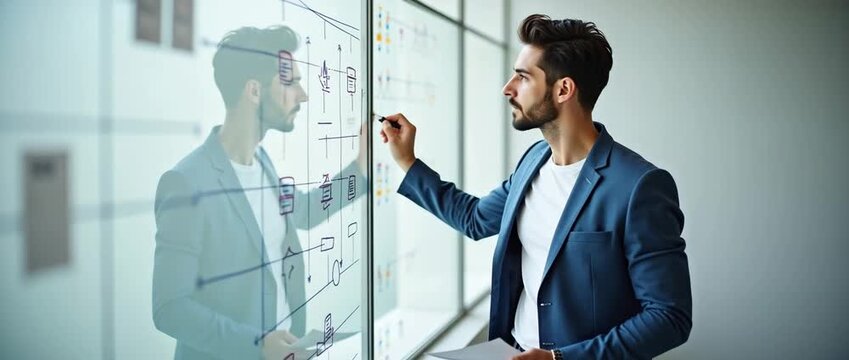 Young professional in a modern office draws on a glass board, while the camera smoothly tracks his focused movements; a cinematic, innovative business planning scene with ambient light flicker.