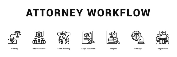 Fototapeta premium Attorney Workflow Modern and clean web banner illustration featuring thematic icons for visual communication