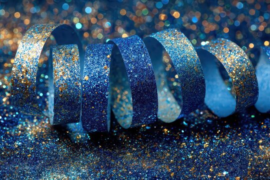 Sparkling Blue and Gold Glittery Ribbon Curl on Glitter Pile Celebration Festive
