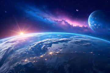 Earth Space Sunrise: Cosmic Planet & Galaxy Horizon on transparent background