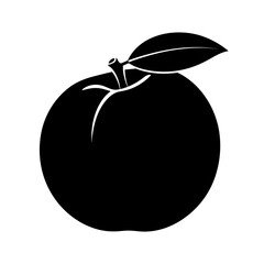 Fototapeta premium Whole Peach Fruit With Leaf Sweet Food Black Silhouette Vector Icon Isolated on White Background for Summer Design