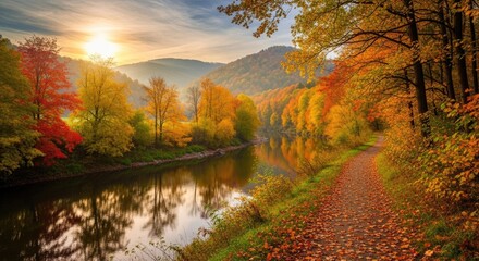 A serene autumnal landscape with a winding river, colorful trees, and a path leading through the foliage.