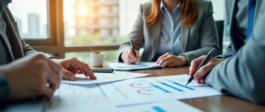 Business professionals collaborate in a sunlit office, hands writing and typing on laptops; the camera slowly pans across the table, capturing dynamic teamwork in a cinematic, modern setting.