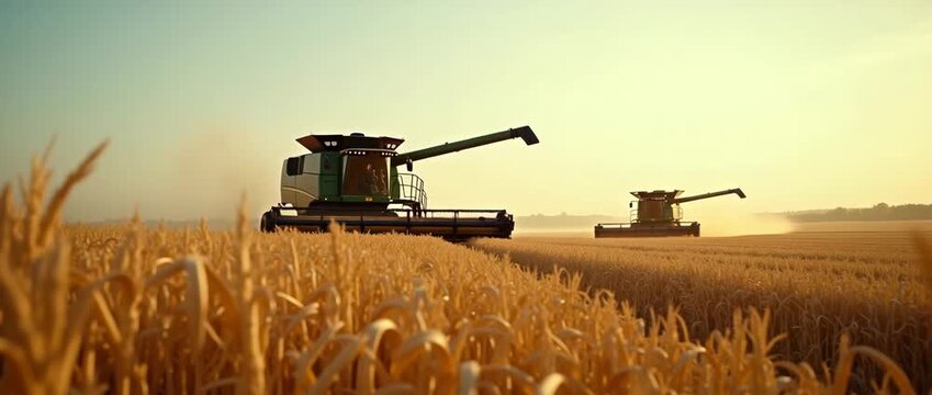 Combine harvester plows through golden wheat fields at sunrise as workers walk alongside, dust swirling in the cinematic morning light; camera gently pans to capture serene agricultural scene.