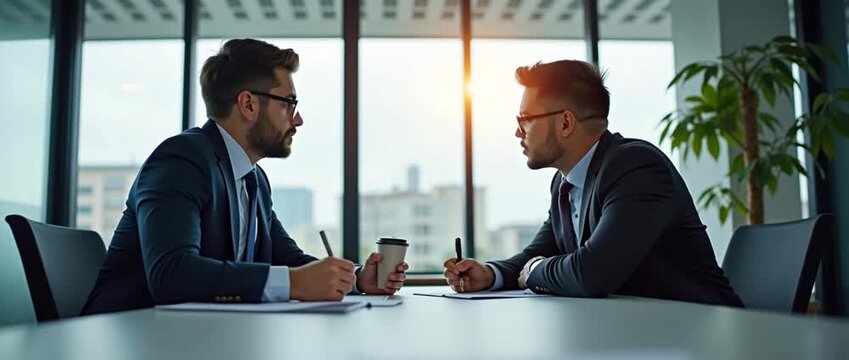 Two business professionals engage in a focused negotiation across a conference table, while the camera gently pans and sunlight flickers through the office windows, creating a cinematic and profession