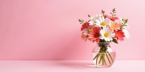 Fototapeta premium Pastel pink setting, small arrangement of wildflowers in glass vase , summer, blossom, bloom