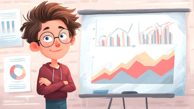 Young Analyst: A cartoon analyst is standing beside a presentation board, he presents with his arms crossed over his chest, charts, graphs, and data displayed.