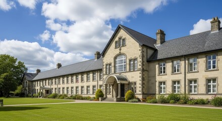 A grand, historic building with a large, arched entrance and a green lawn in front.
