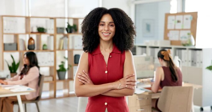 Media agency, face and happy woman in workplace, arms crossed and confidence with publishing startup. Person, business owner or journalist with creative project, copywriting and magazine editor