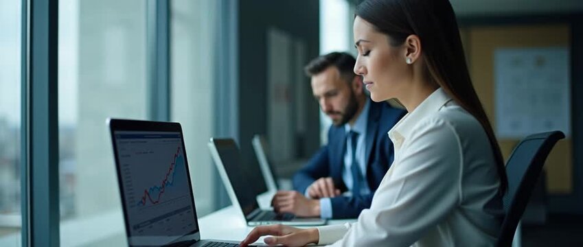 In a modern office setting, professionals analyze stock market data on laptops, with the camera gently panning to capture ambient light changes and a cinematic, focused atmosphere.