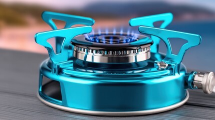 Obraz premium Bright blue portable gas stove sits on a gray wooden surface with a blurred coastal background. ready for use
