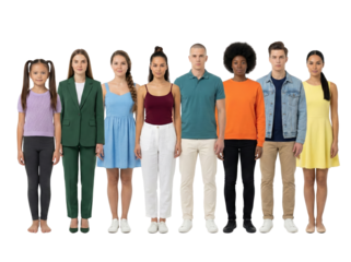 Diverse group of young adults standing in a line against a solid black background on isolated