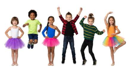 joyful diverse children celebrating with energetic dance and playful expressions isolated on a