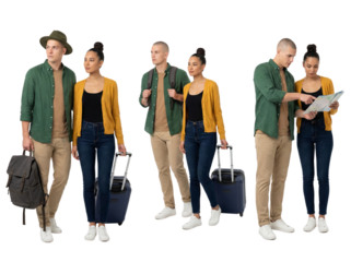 group of diverse travelers waiting with luggage and documents isolated transparent background