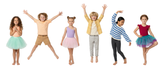 Children Performing a Cheerful Dance Ensemble with Joyful Poses Isolated on White Background