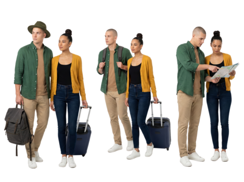 group of diverse travelers waiting with luggage and documents isolated transparent background - Powered by Adobe