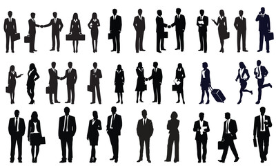 Collection of black silhouettes featuring men and women in various professional or business-related poses. Isolated on white background. Vector illustration.	