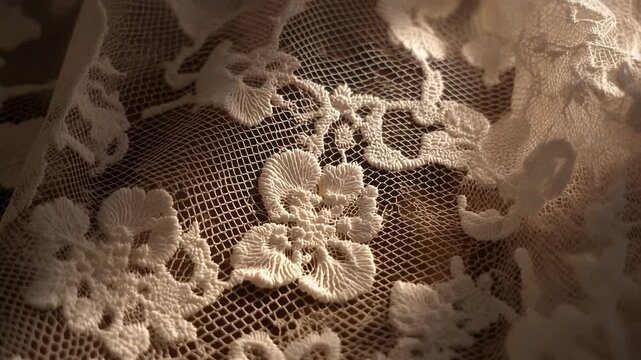 Elegant white lace fabric close up with floral patterns.