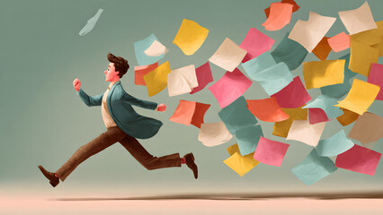 Overwhelmed by tasks: A determined individual navigates a chaotic landscape of floating papers, embodying the struggle to manage deadlines in a busy environment.
