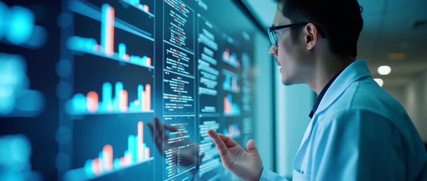 Scientist analyzes dynamic digital data on futuristic screen, with holographic graphs shifting, in a cinematic lab setting; camera smoothly tracks alongside, capturing innovation and technology.