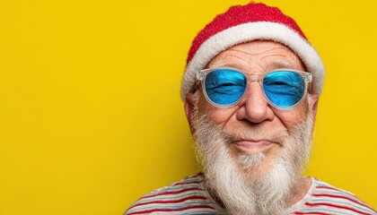 Elderly man wearing festive headwear and reflective blue sunglasses poses against a bright yellow backdrop