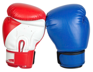 Two colorful boxing gloves, red and blue, touch, signifying competition