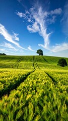 Lush green field with tracks leading to a tree-topped hill under a bright, cloud-streaked blue sky