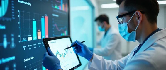 In a modern laboratory setting, scientists analyze data on digital tablets, with graphs dynamically updating; the camera steadily pans, capturing a professional and cinematic workflow atmosphere. - Powered by Adobe