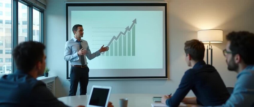 Business presentation with a confident speaker gestures towards a rising graph in a modern office; camera slowly pans, highlighting attentive audience; ambient light flickers for a cinematic effect.