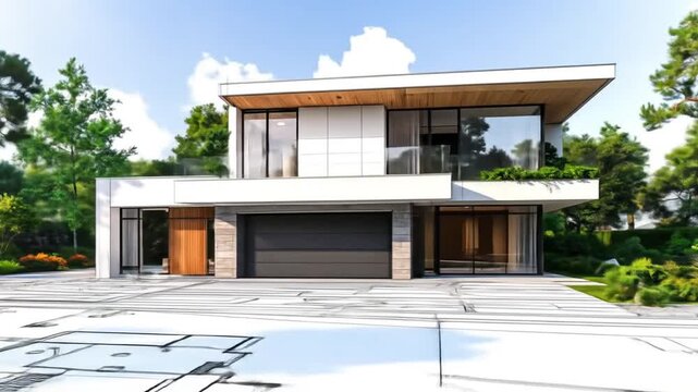 Modern Architectural House Render with Greenery and Trees in a Sunny Environment