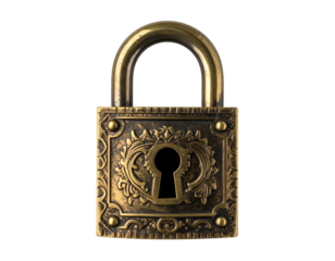 Close-up of ornate brass padlock against a dark backdrop