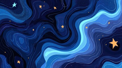 Abstract Pixelated Nebula in Dark Blue with Swirling Light Blue Bands and Scattered Yellow Stars Creates a Dreamy Outer Space Background Texture