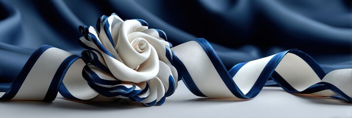 Elegant white and blue ribbon rose lies gracefully on soft satin fabric, perfect for decoration and celebration.