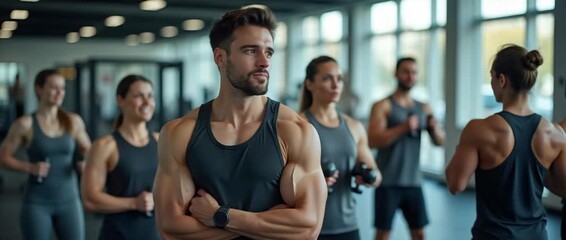 Group fitness enthusiasts in sleek athletic wear engage energetically in a modern gym, as the camera slowly pans, capturing dynamic workouts and motivational camaraderie in a cinematic style.