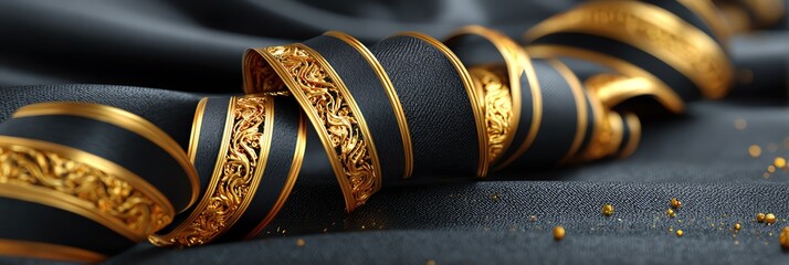 Intricate gold and black fabric design featuring elegant patterns, perfect for cultural celebrations and ceremonies.