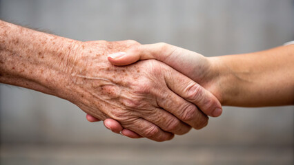 Fototapeta premium Hyper moment of authenticity captured in handshake between elderly and younger person showing connection and trust