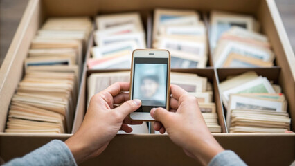 Person holding smartphone capturing photo of old photo collection in box showing hyper connection and authenticity